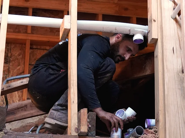 A crew member crouched up in the roof framing, priming PVC fittings on a beam.